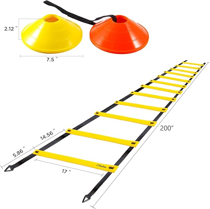 Agility Ladder Speed Training Set: Ohuhu 12 Rung 20ft Soccer Training Equipment for Kids with 12 Cones, 4 Steel Stakes, Instruction Manual & Carrying Bag for Football Exercise Sports Footwork Training