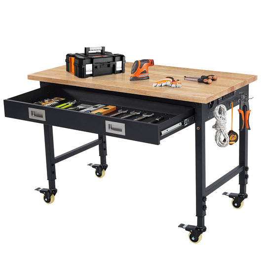 Garage Workbench, 48×24 Inch Rubber Wood Workbench with Drawer, Heavy-Duty 2000LBS Loading Capacity, Tool Storage Worktable, Locking Wheels, Workstation for Workshop, Warehouse, Office, Black