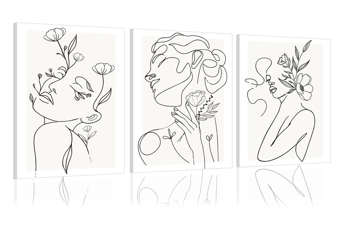 yulihaz Minimalist Woman Flower Line Wall Art Set of 3 Neutral Modern Abstract Black and White Girl Canvas Painting Poster Prints Picture Wall Decor for Bedroom Living Room Framed 12x16 inch