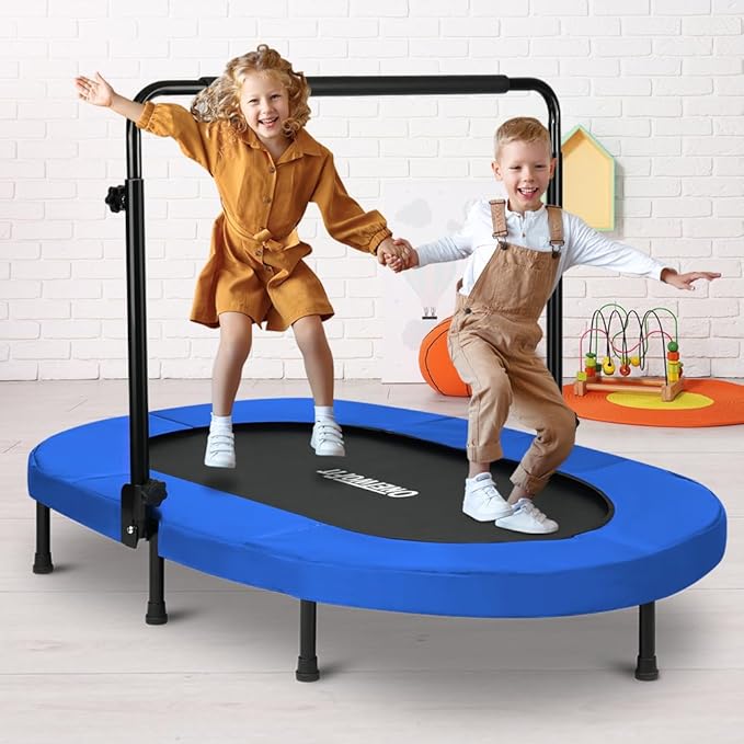 ONETWOFIT Kids Indoor Trampoline, 56" Foldable Mini Trampoline Rebounder with 5 Level Adjustable Handle Bar for 2 Childen Jumping Max Load 250 Lbs