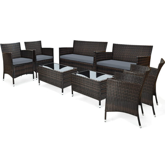 COSTWAY 8PCS Rattan Patio Furniture Set, Outdoor Wicker Rattan Chairs with Coffee Table, Rattan Cushioned Conversation Set for Backyard Balcony Porch Poolside, Grey