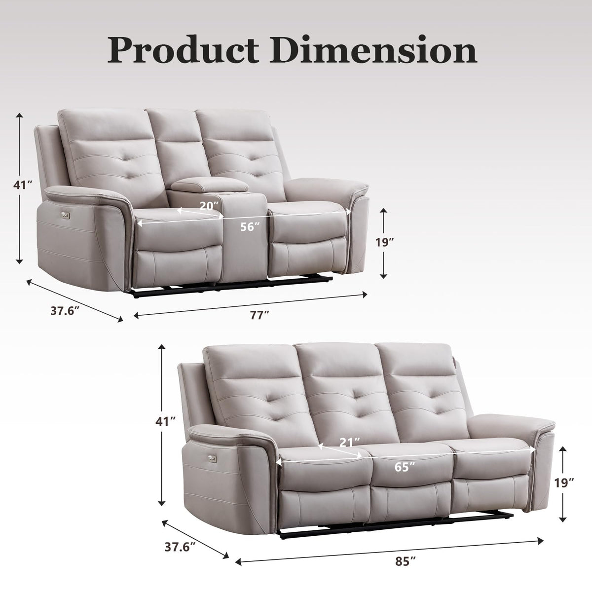 EBELLO 2 Pieces Faux Leather Power Recliner Sofa Set, Reclining Living Room Furniture Set, Included Loveseat and 3 Seat Electric Recliner Sofa, Modern Design for Living Room, Grey