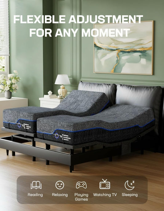 Marsail NS0 Split King Adjustable Bed Base,Smart Dual Motor Frame, Zero Gravity, Anti-Snore, Wireless Remote, 4 USB Ports & Under Bed Lighting, Quick 3-Min Setup