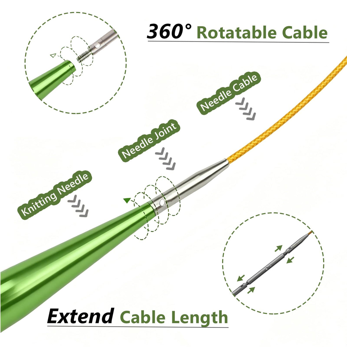 4-inch Knitting Needles Set, 13 Pairs Interchangeable Circular Knitting Needles Set Aluminum 3-10mm with 5 Cables, Knitting Accessories and Case, Green