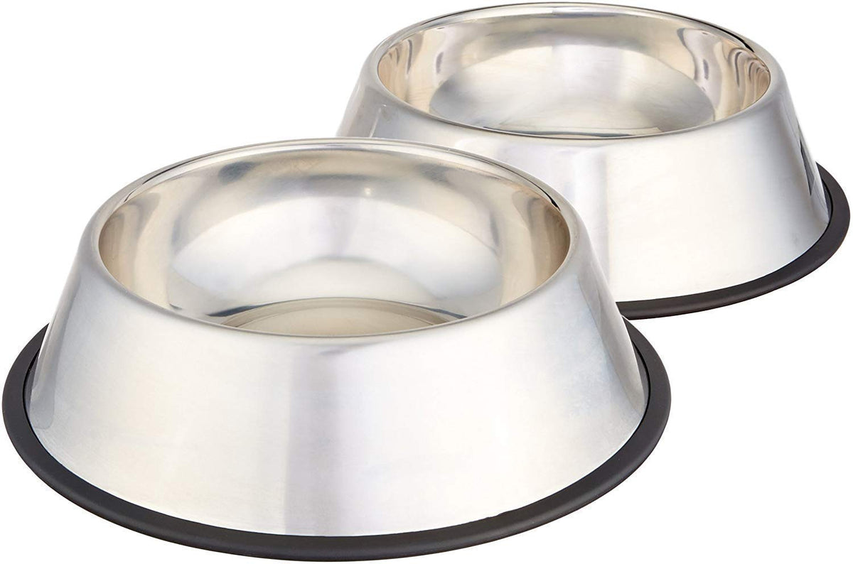 Amazon Basics Stainless Steel Non-Skid Dog Water And Food Bowls, Dishwasher Safe, Rust Resistant, 38oz Capacity, 10 x 2.8 Inches, 2-Pack