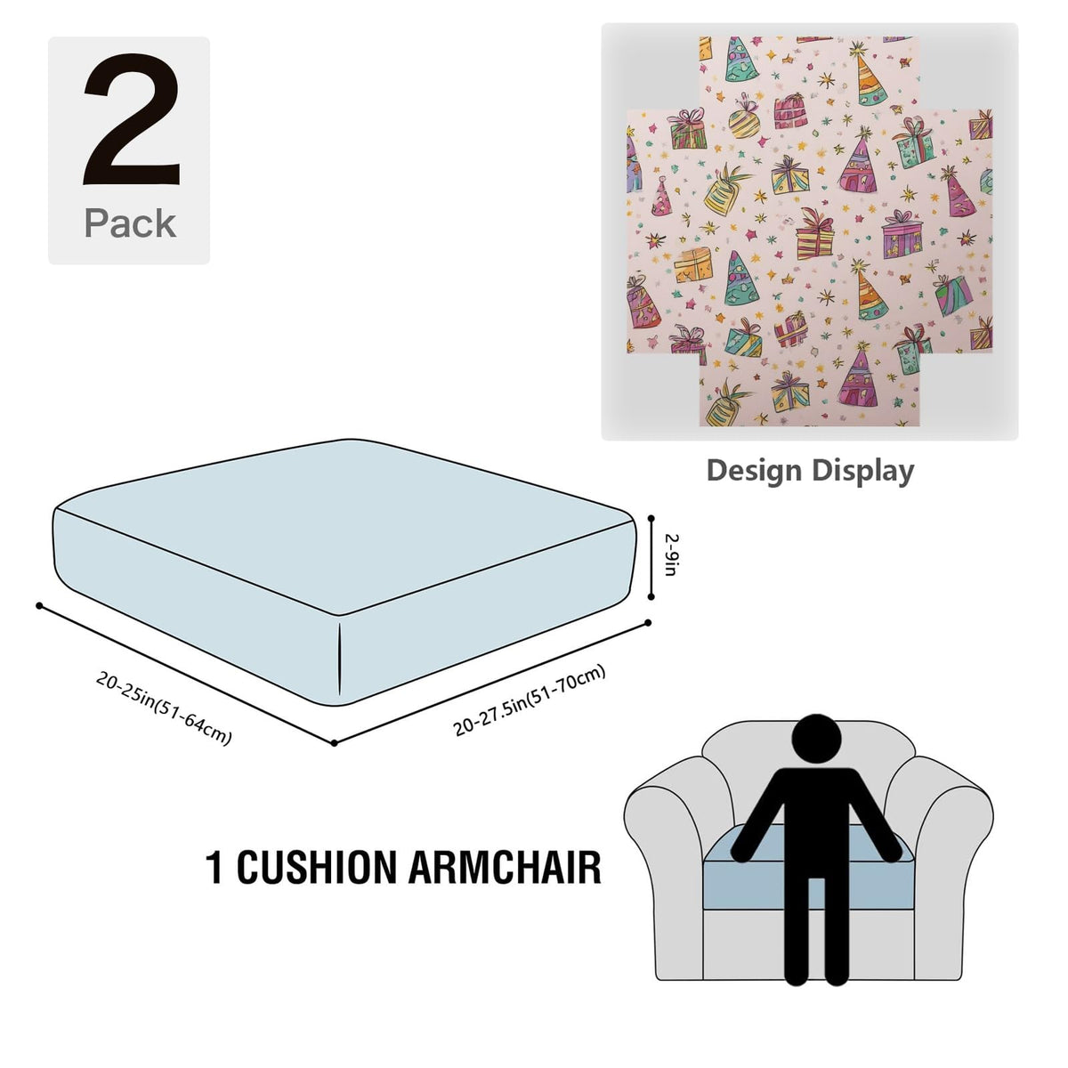 pnyoin Colorfule Gift Box Stretch Individual Seat Sofa Cushion Covers Elastic Couch Cushion Cover Slipcover Sets -2 Piece Sofa Cushion Covers