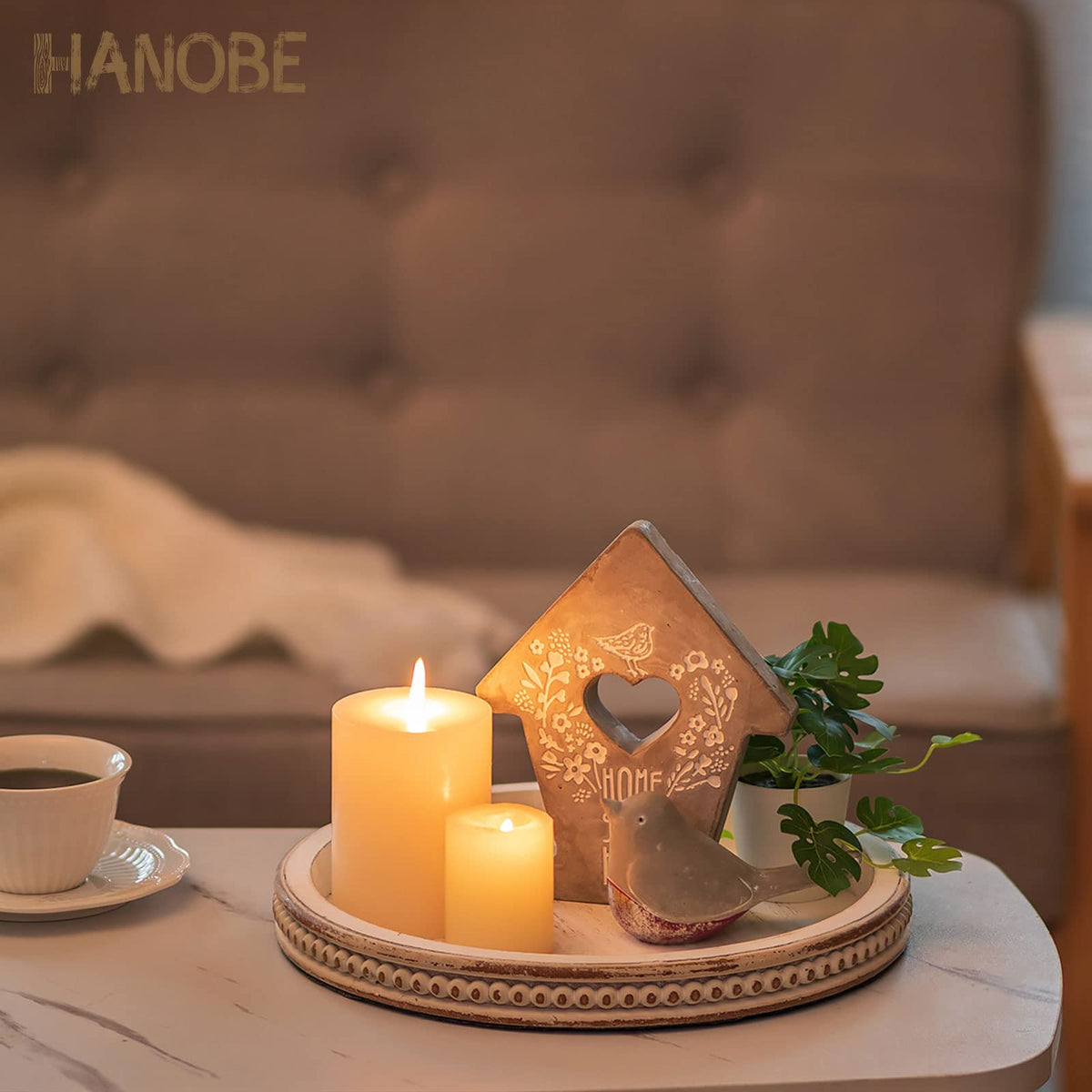 Hanobe Candle Tray Holder Decorative: Round Coffee Table Home Decor Centerpiece Boho White Serving Trays for Living Room Kitchen