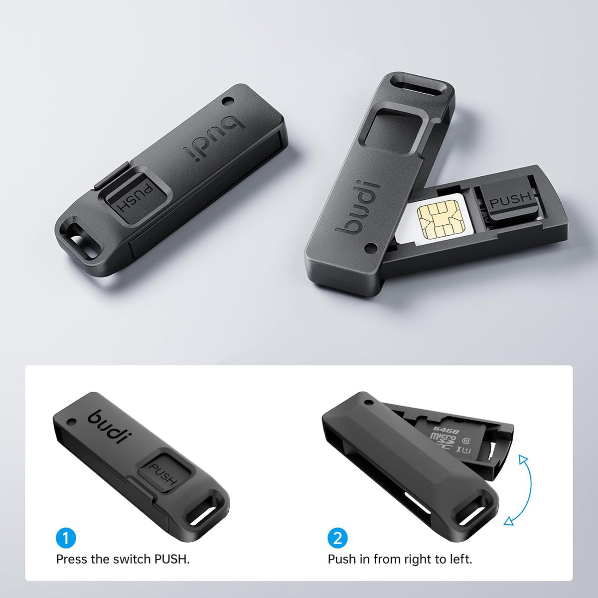 BUDI Multifunctional Compact Cable Card Travel Portable Aluminum Storage Case with Sim Card Tray Pin Eject Removal Tool