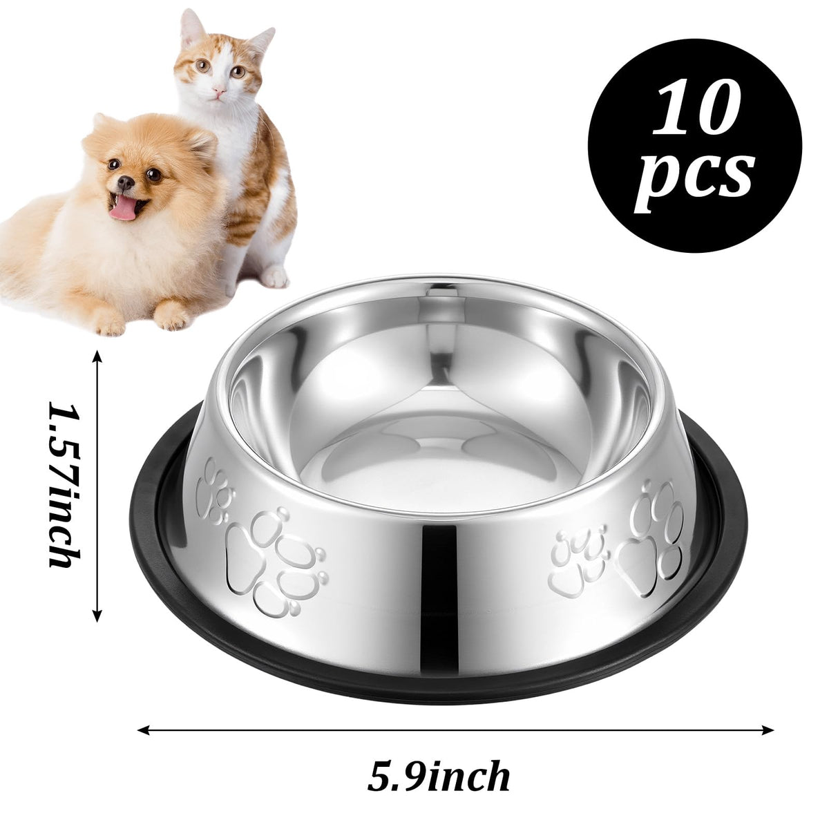 10 Pcs Stainless Steel Dog Bowls, Silver Non-Slip Pet Feeding Bowls with Rubber Base, 7 oz Capacity for Small Medium Dogs, Cats, Kittens, Rabbits