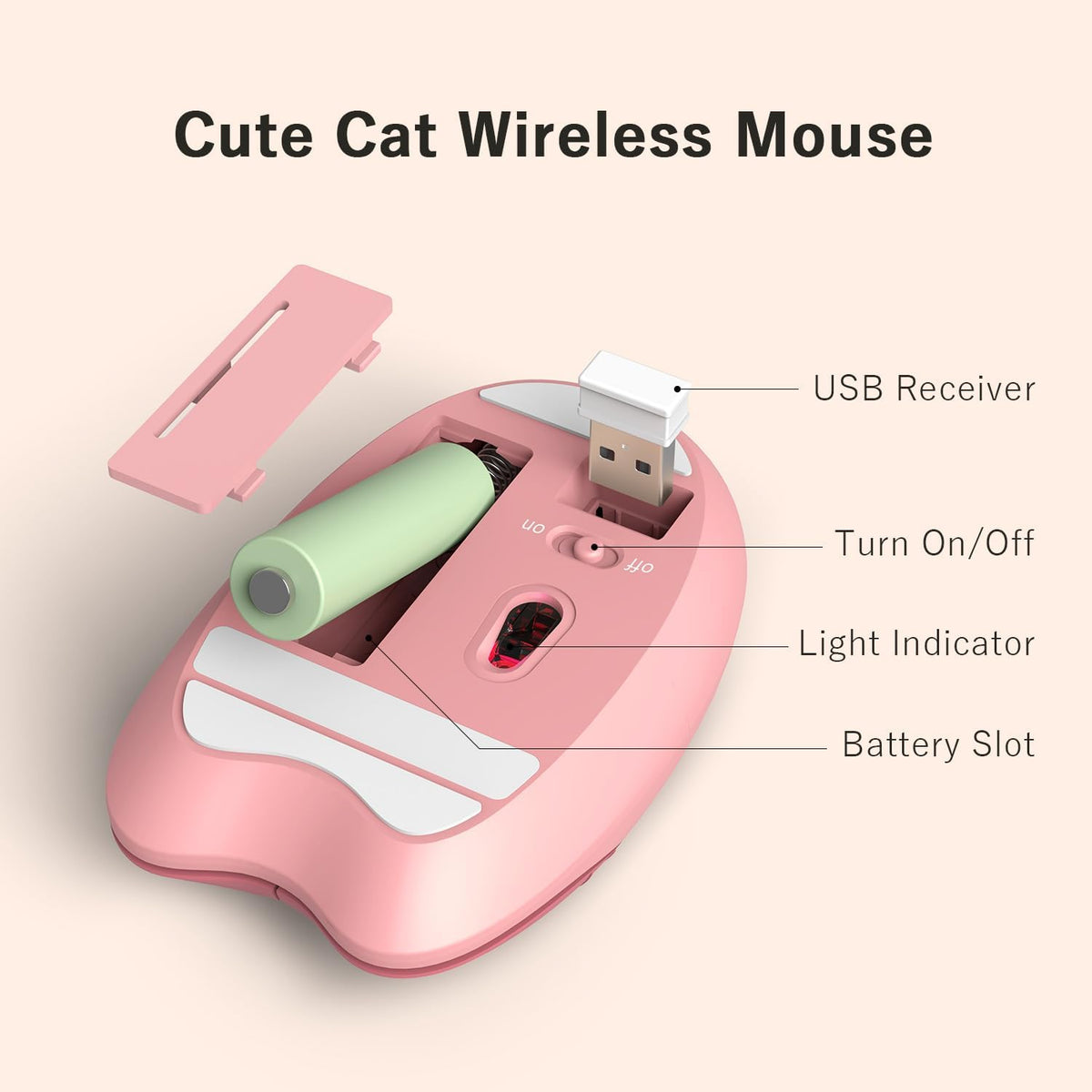 MOFII 2.4GHz Wireless Compact Silent Mouse with Cute Cat Designs, Plug and Play Wireless Opatical Mouse with USB Nano