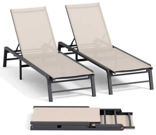 Aluminum Chaise Lounge Chair Outdoor, Foldable Patio Lounge Chair 2 Sets Assemble-Free, Pool Lounge Chairs with 5 Adjustable Backrest, Outdoor Lounge Chairs for Outside Poolside Beach Lawn Beige