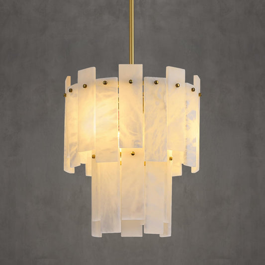 PIOUTNF Alabaster Round Chandelier, 2-Tier Spanish Alabaster Chandeliers, Warm White, 13" Modern Small Gold Marble Pendant Chandeliers for Foyer, Kitchen Island, Dining Room, Bedroom