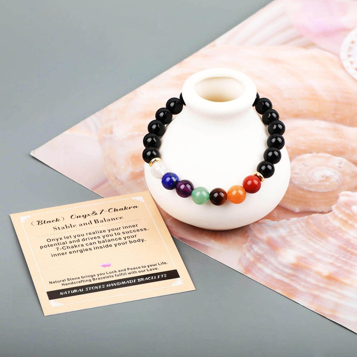 AD Beads Handmade Gemstone Stretch Elastic Bracelet Crystal Healing Reiki Nature's Beauty and Spiritual Essence Unisex (10mm, Onyx & 7-Chakra (Stable and Balance))