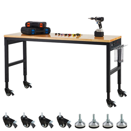 GAOMON 72"x25" Workbench, Heavy-Duty Garage Work Table, Heavy-Duty Table with Power Outlets, Rubber Wood Top, Adjustable Height 29.5"-38.4" for Workshop, Home, Office - 2000 Lbs Capacity