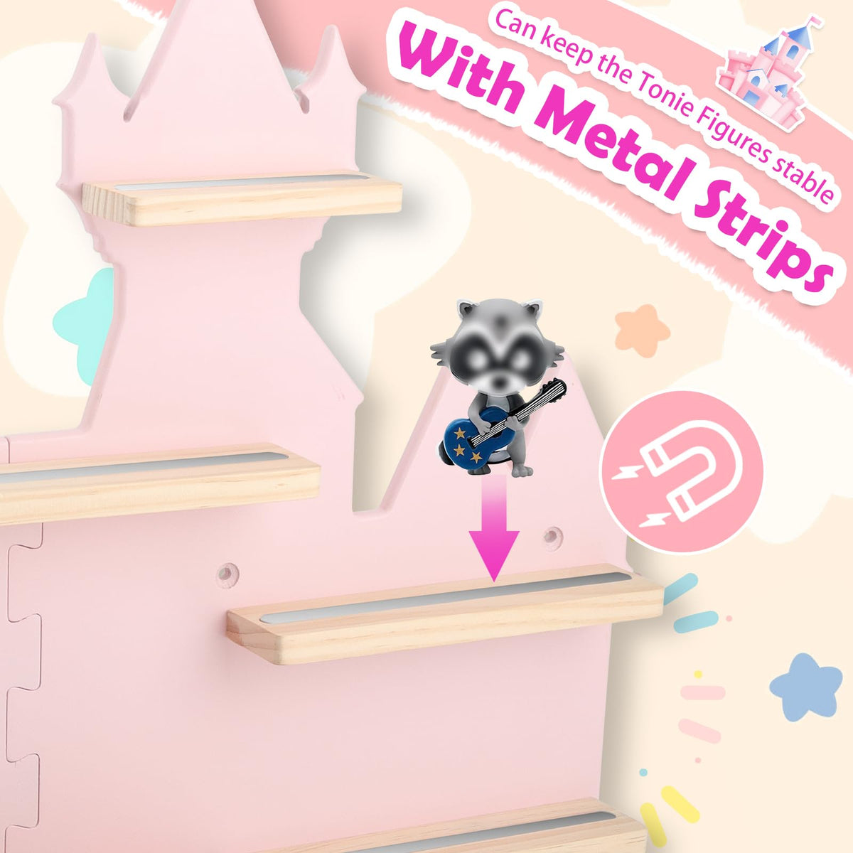 for Toniebox 2 and Toniebox 1 Tonie Shelf Wall Mounted Set,Tonies Figures Tonies Storage,Magnetic Wooden Floating Shelves Compatible with Tonie box Player Character for Children Room (pink-castles)