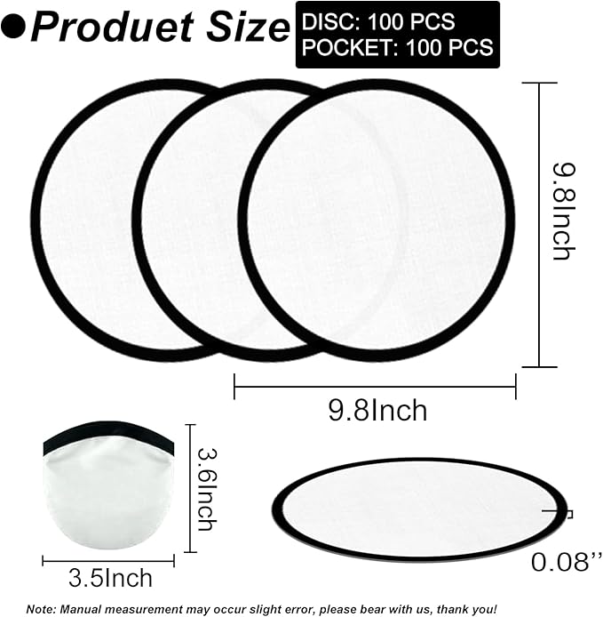100PCS Foldable Flying Disc Fans with Bags, 9.8'' DIY Handheld Black Egde Fabric Folding Fan for Outdoor Game Activities Birthday Party Favors Gifts, White