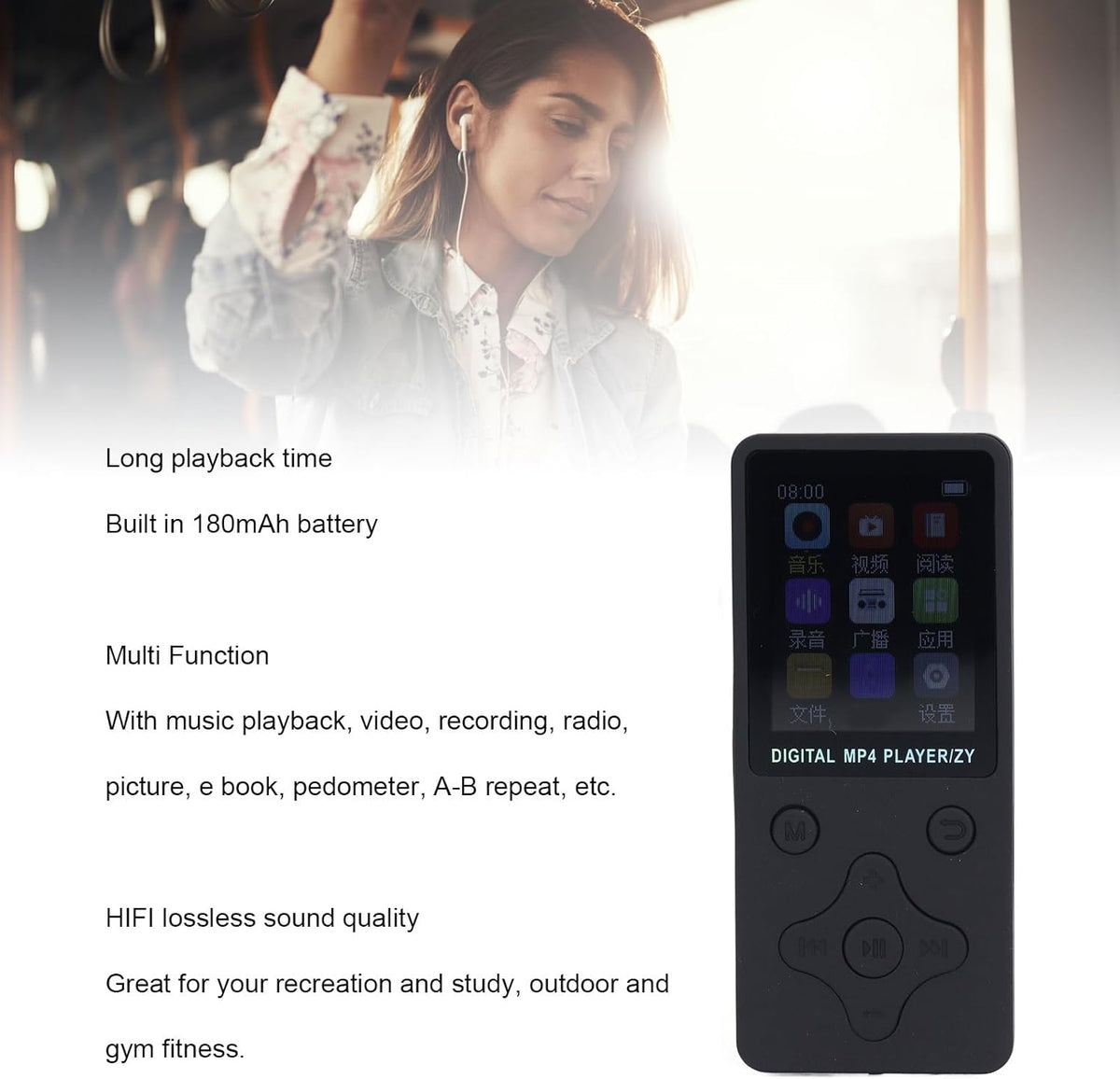 Yunseity 64GB MP3 1.8 Inch Mp4 Mp3 Player with BT and, LCD Screen Player with Spotify, HiFi Lossless Portable HiFi