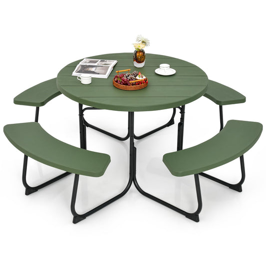 Tangkula 8 Person Picnic Table, Outdoor Round Picnic Table with 4 Built-in Benches, Umbrella Hole, Metal Frame & HDPE Tabletop, Outside Table and Bench Set for Backyard, 2300lbs Weight Capacity