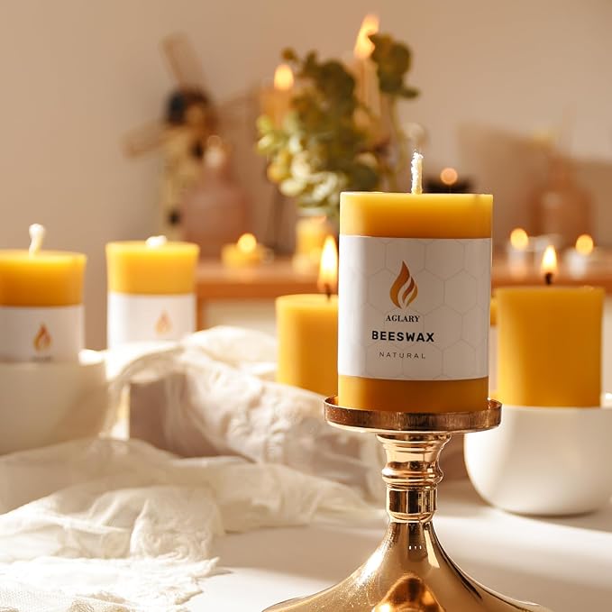 6PCS Beeswax Pillar Candles,Large Handmade Pure Beeswax Candle,Long Lasting Burn Time，Unscented Smokelessï¼? * 3",20H, Raw
