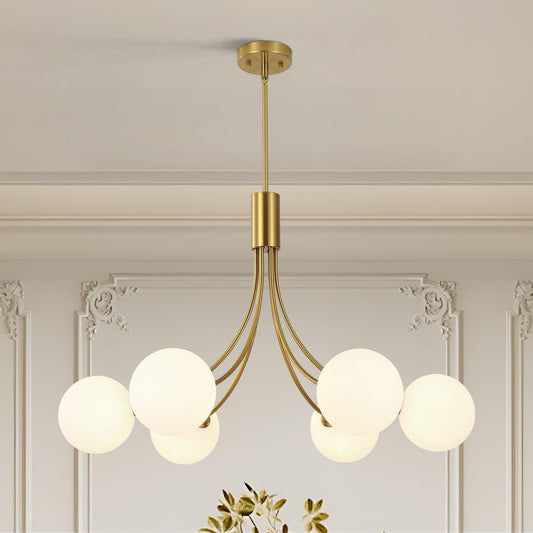 Xeruyiwa 6-Light Modern Gold Sputnik Chandelier Mid Century Brushed Brass Light Fixture with Milk Glass Globes for High Ceiling Dining Room Kitchen Island Living Room