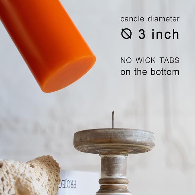 MOZEAL 3" x 8" Hand-Poured Unscented Candles,Large Orange Pillar Candles Set of 2,No Drip,Approx 120 Hours Long Burning,Thanksgiving,Halloween,Fall and Home Decor（3 Inch Diameter 8 Inch Height）