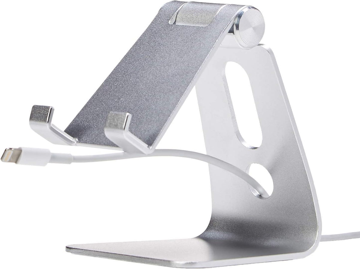 Amazon Basics 3.15 2.87 3.74 inch, Adjustable Aluminum Phone Stand for Cell Phones, iPhone and Android, Desktop Phone