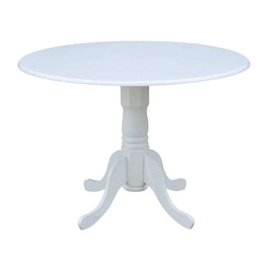 IC International Concepts, 42" Round Dual Drop Leaf Pedestal Dining Table, Solid Real Wood, Sturdy Parawood, White