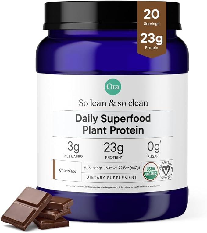 Ora Organic Vegan Protein Powder - 23g Plant Protein for Women and Men - Chocolate Flavor 20 Servings, Bloat-Free, Gluten Free, Non-GMO, No Artificial Sweeteners