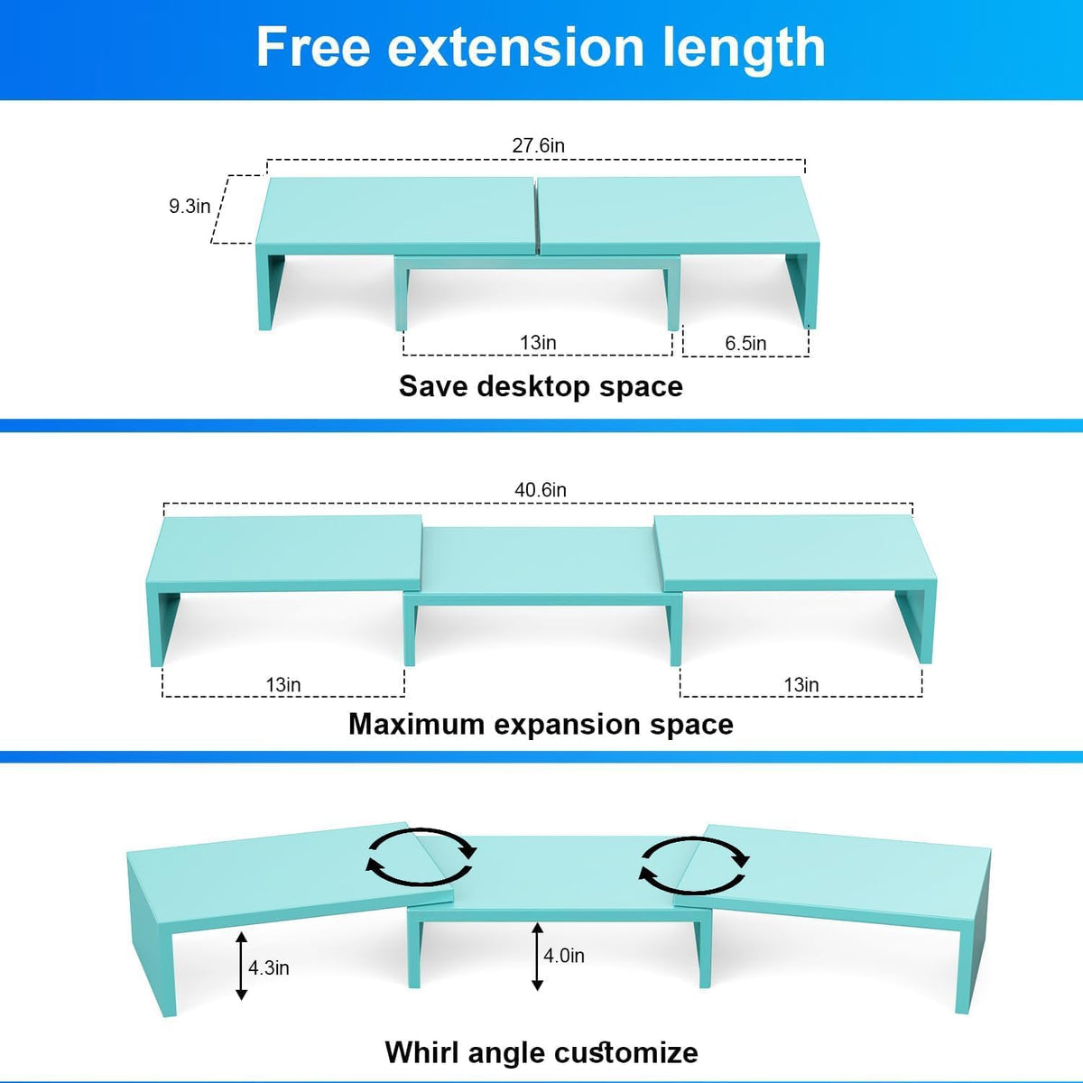 Dual Monitor Stand for Desk, Metal Computer Stand, Desk Shelf Riser,Desktop Organizer for Home and Office Use (Blue)
