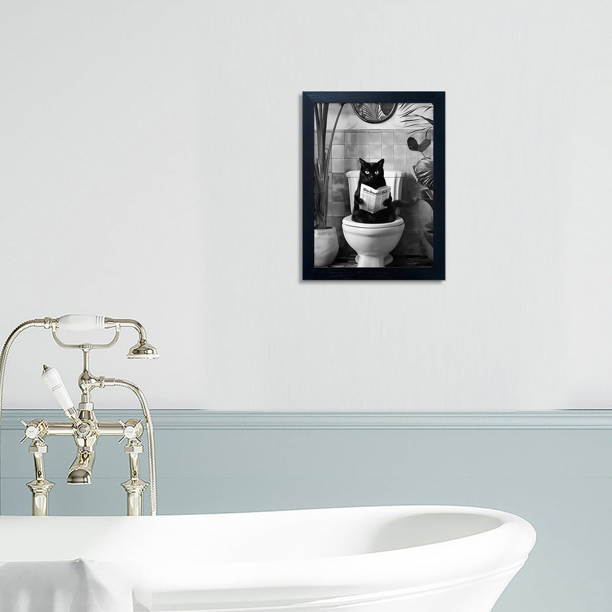 Black and White Bathroom Wall Decor Funny Black Cat Sitting on Toilet Reading Newspaper Humorous Bathroom Wall Art Small Framed Animal Canvas Print Artwork