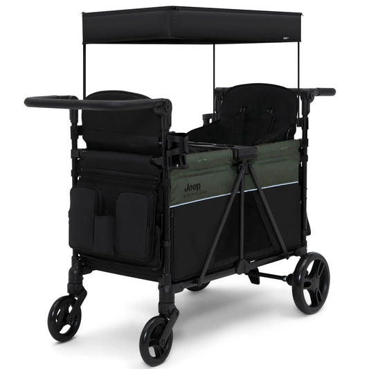 Jeep Aries Stroller Wagon by Delta Children Premium Wagon for 2 Kids with Convertible Seats, Adjustable Push/Pull Handles, Removable Canopy & Flat Fold - Greenguard Gold Certified, Black/Green