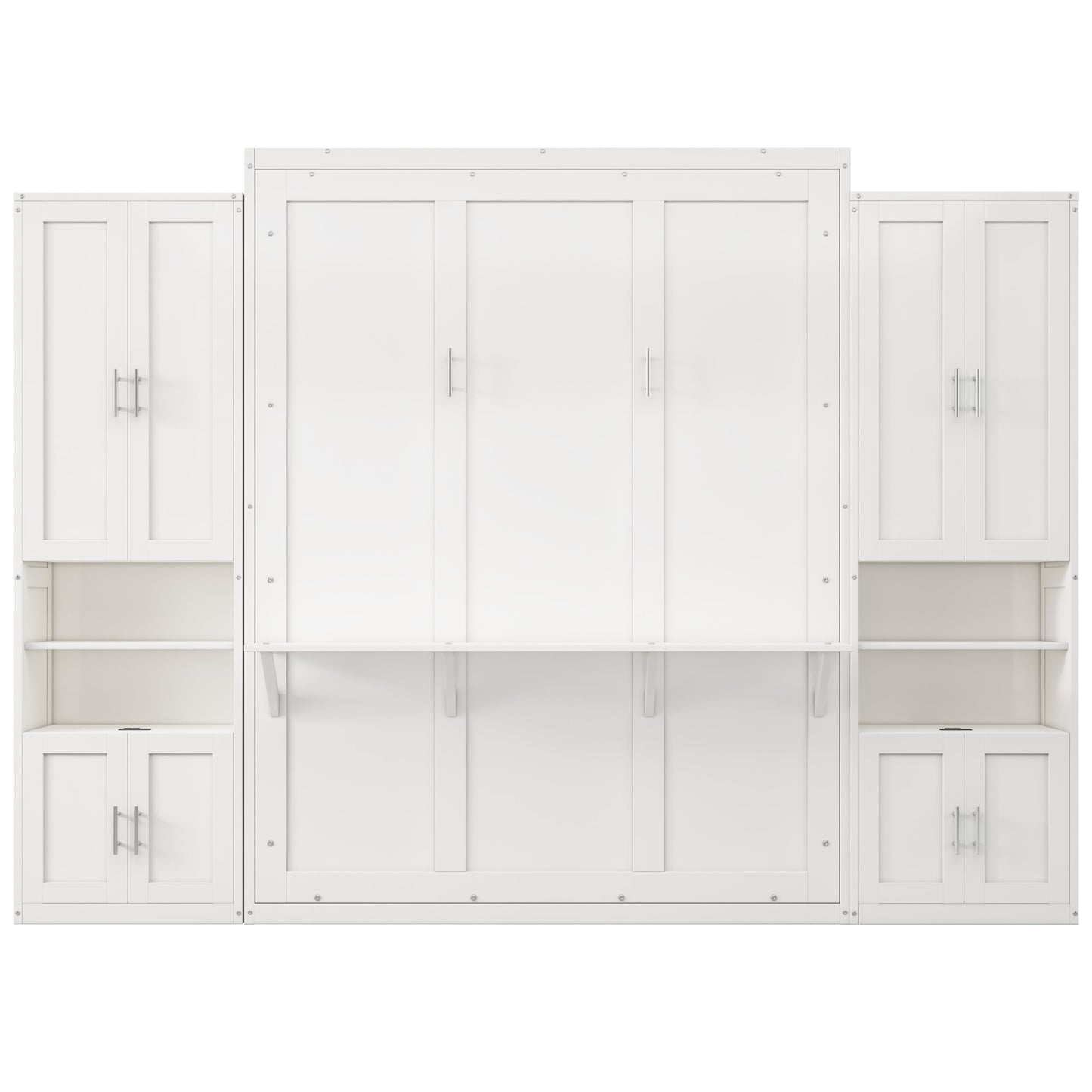DNYN Queen Size Murphy Bed with Desk & Two Slide Storage Shelf for Small Space,Bedroom,Guest Room,Wooden Wall Bedframe w/Folding into Cabinet Design,Super Save Space & No Box Spring Needed, White