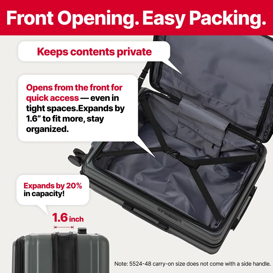LEGEND WALKER 24" Checked Luggage, Front Opening Expandable Hardshell Suitcase with Spinner Wheels, TSA Lock, USB Port & Cup Holder, Silver, 5524-60