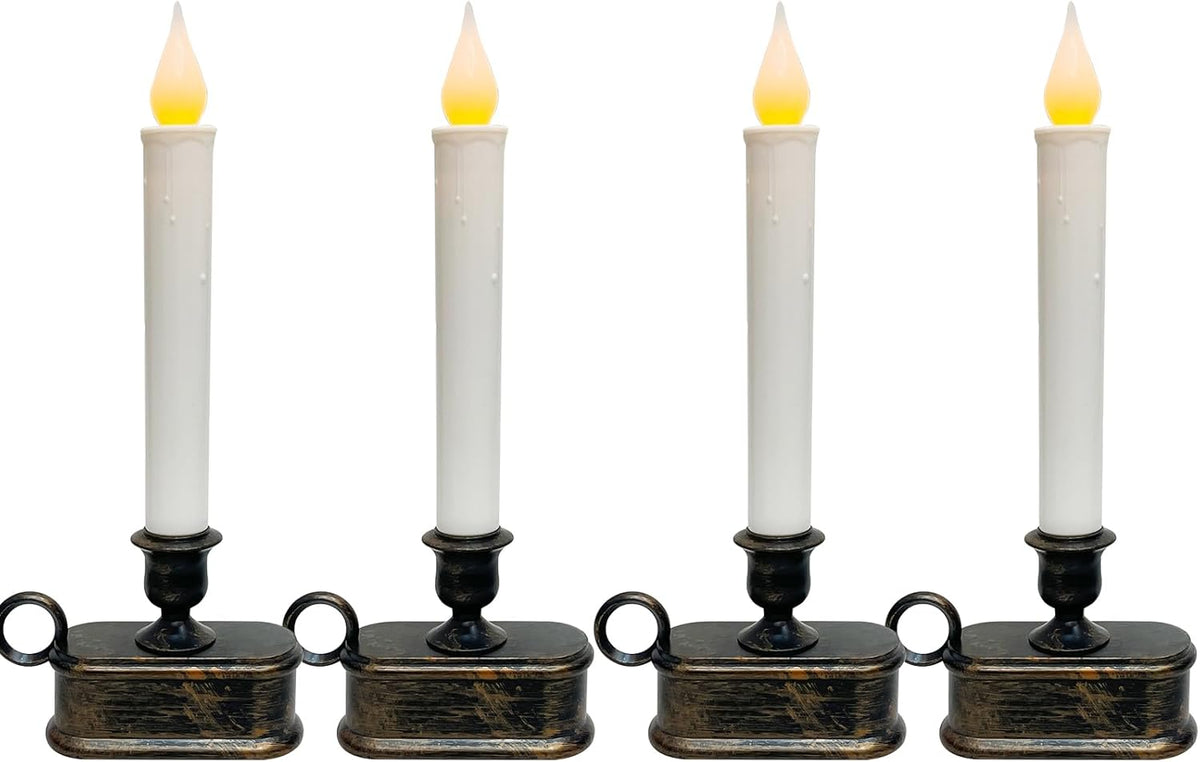 4 Pack LED Flameless Taper Candles by [Brand Name] - Dusk to Dawn Sensor, Battery Operated, Bronze Base for Christmas Home Decor