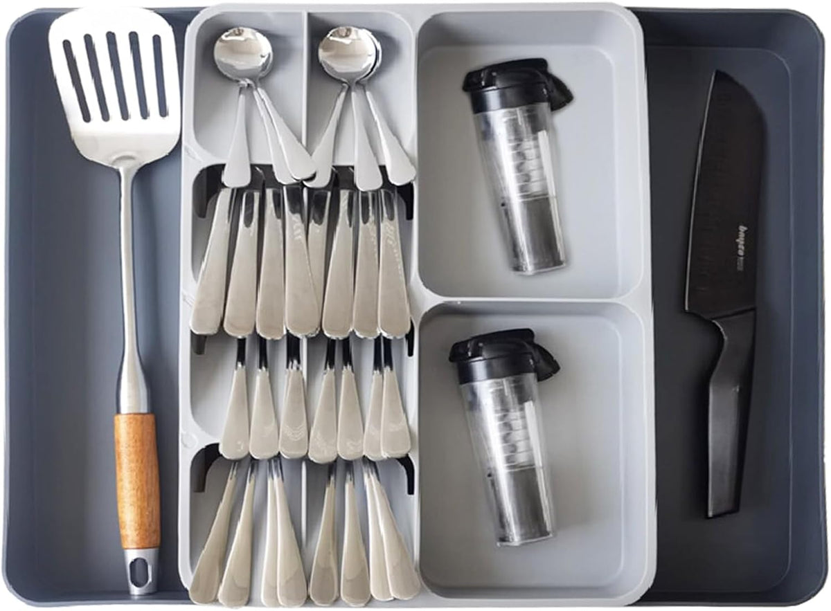 Skiennix Expandable Cutlery Drawer Organizer - Adjustable Plastic Utensil Tray for Forks, Spoons & Knives - Large Grey