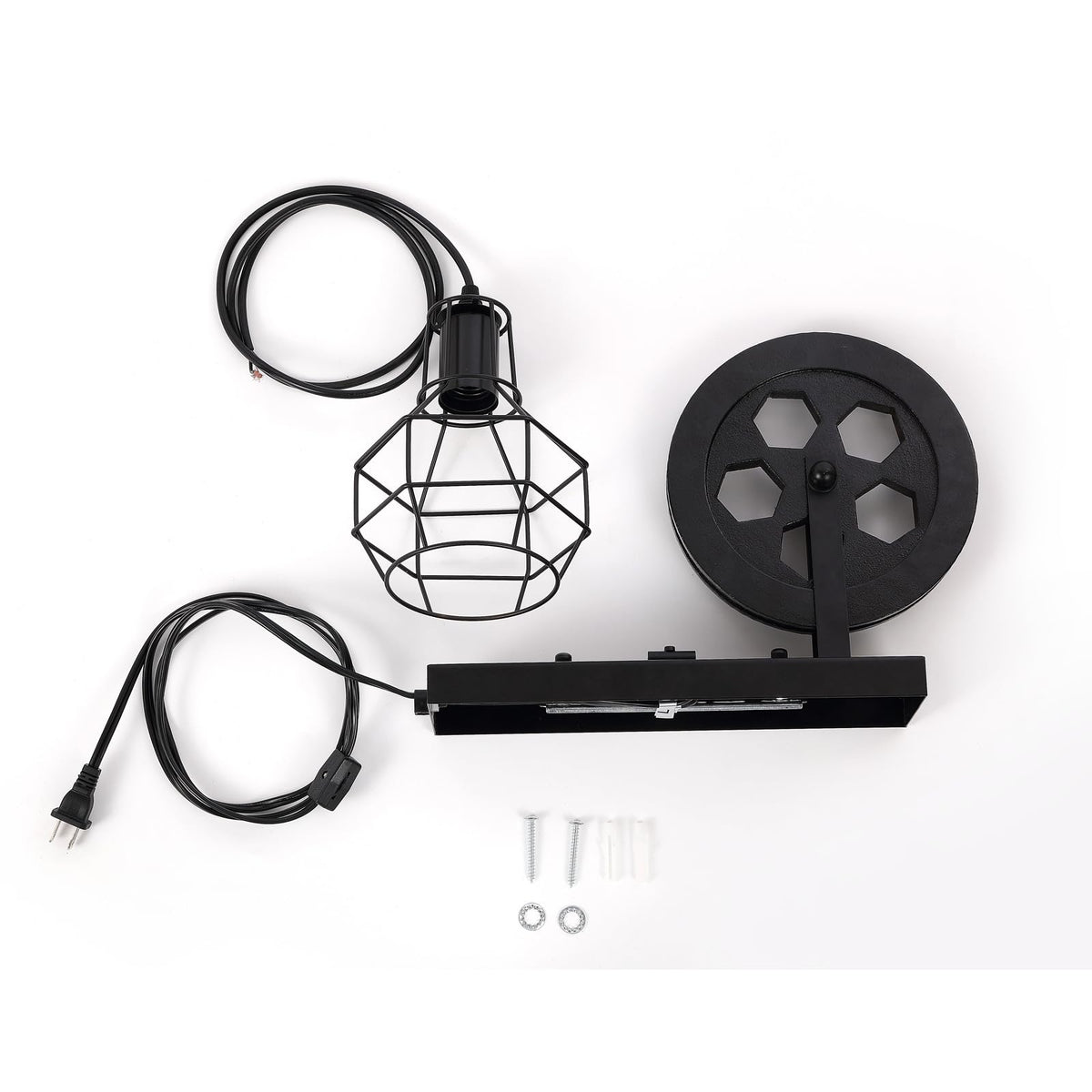 BAODEN Plug in Wall Sconce Rustic Wall Light Lift Pulley Matte Iron Cage Shade Metal Black Industrial Mid Century Wall Lamp Indoor Lighting Barn Restaurant