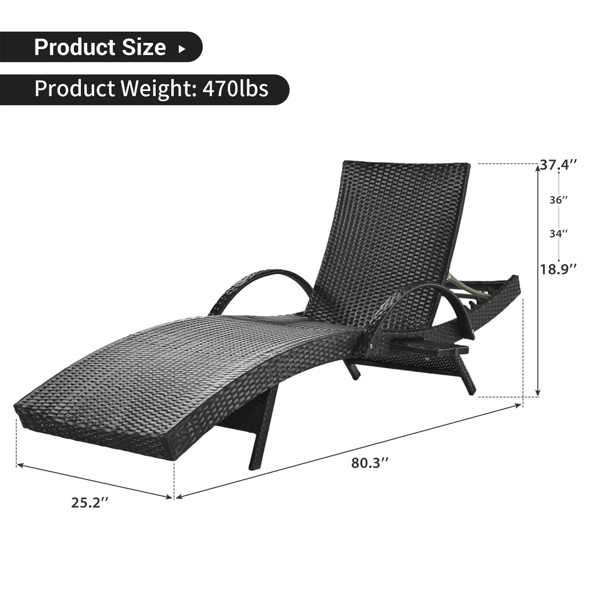 Yayzy 80'' Long Outdoor Wicker Chaise Lounge Chairs Set of 4, Patio Rattan Reclining Chair with Adjustable Backrest & Armrests, Durable PE Rattan Sunbathing Chairs for Pool, Garden, Backyard, Black