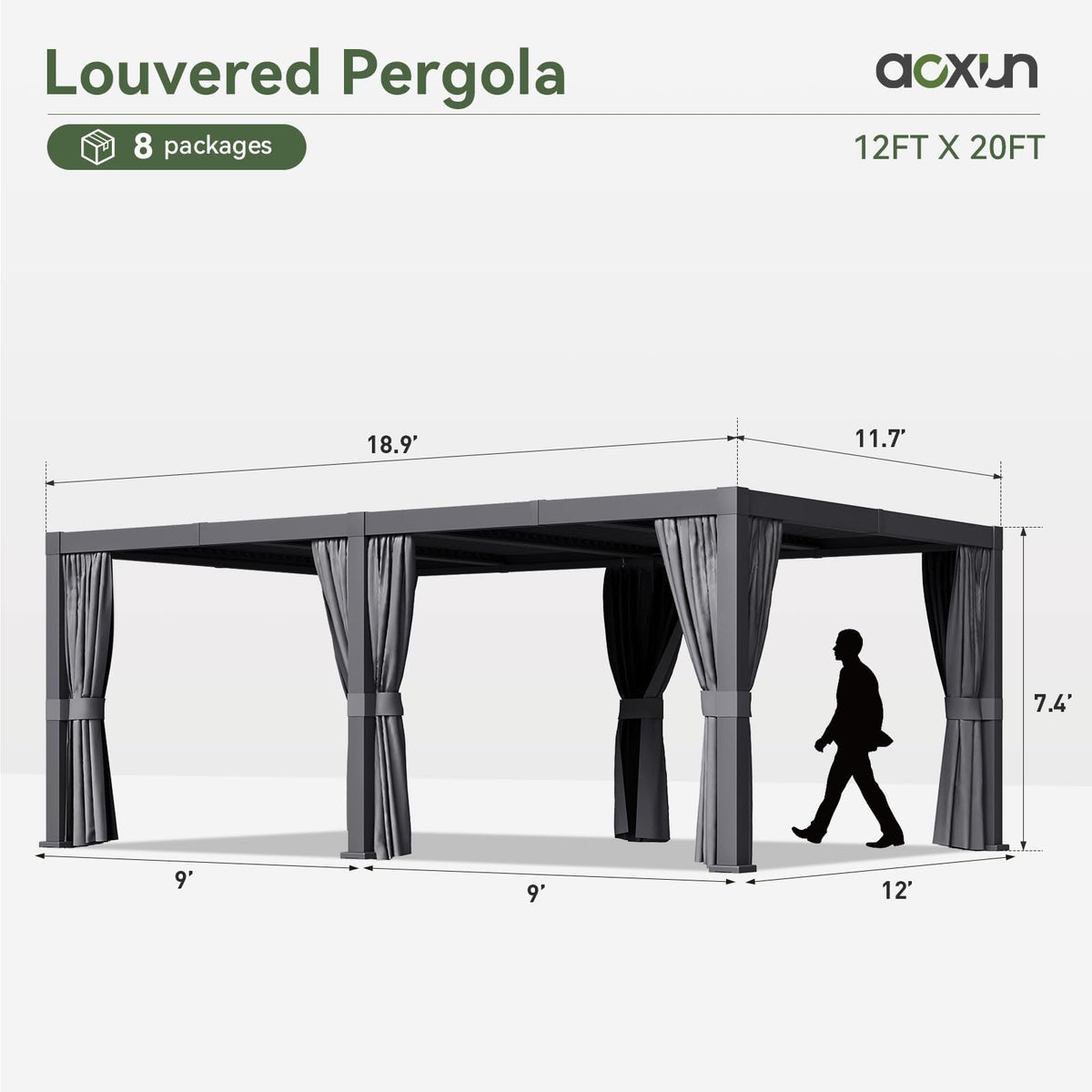 Aoxun Louvered Pergola 12x20 All-Aluminum Outdoor Gazebo with Independent Adjustable Roofs, Waterproof Curtains and Netting, Integrated Drainage System for Patios & Backyard