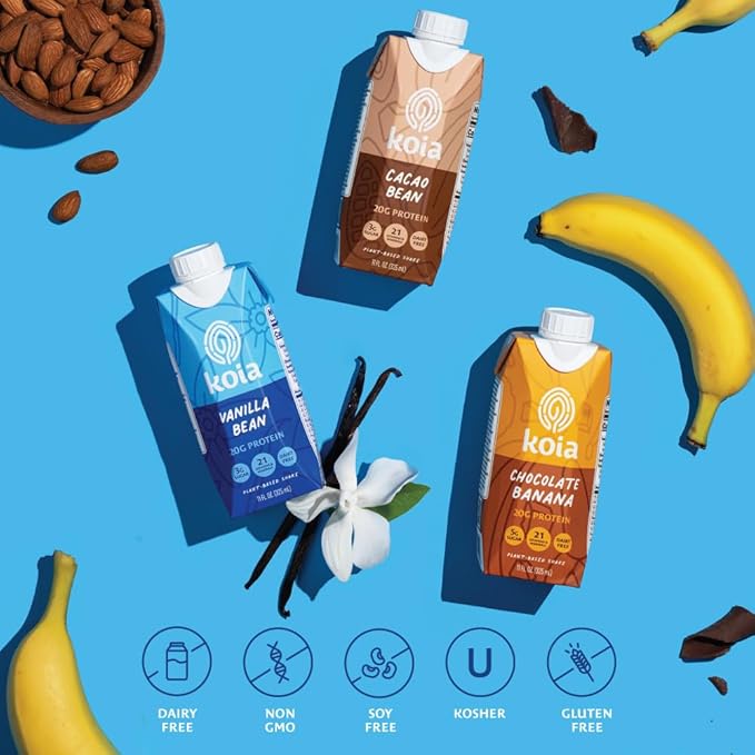 Koia Plant Based Protein Shake, Vanilla Bean, 20g Protein, 3g Sugar, 6g Prebiotic Fiber, 21 Vitamins & Minerals, Meal Replacement Drinks, Dairy-Free, Gluten-Free, Non-GMO, 11 Fl Oz (Pack of 18)