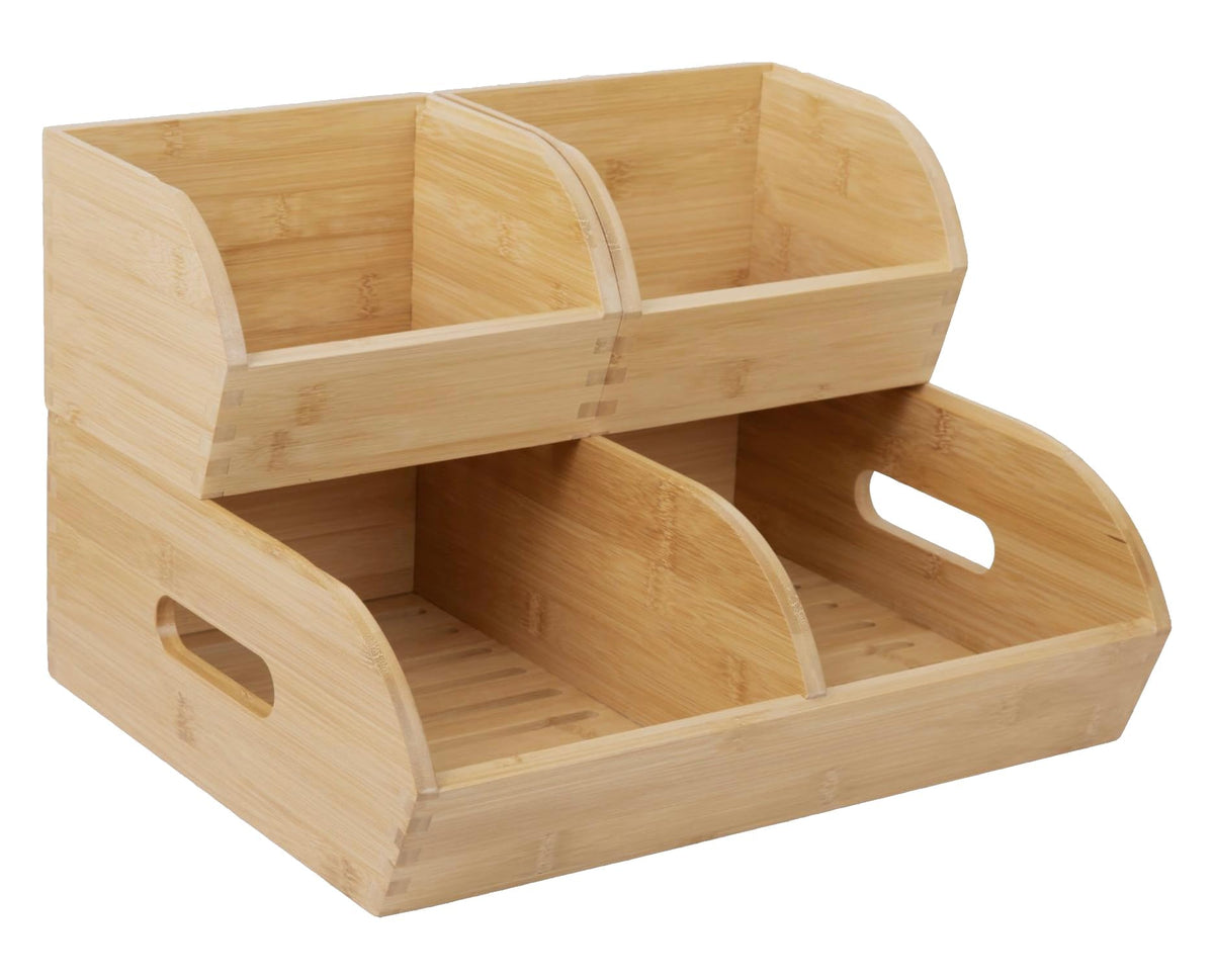Potato and Onion Storage Bin for Pantry and Kitchen Counter - Ventilated Stackable Bamboo Organizer Baskets with Handles - Multipurpose Organization Containers for Fruit, Vegetable, Pantry - 3 Pack