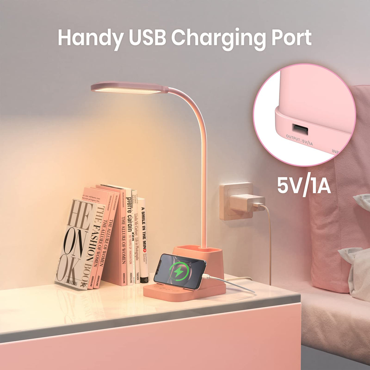 AXX Pink Desk Lamp for Kids, Cute Study Table Light for Bedrooms, Kawaii, USB Charging Port, Small, LED, 650LM, Room College Dorm Essentials, Office Accessories for Women Teen Girls