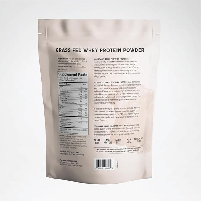 Paleovalley 100% Grassfed Whey Protein Powder with Colostrum, 13g Protein, Vanilla, Muscle Building, Immune Support, Gut Health