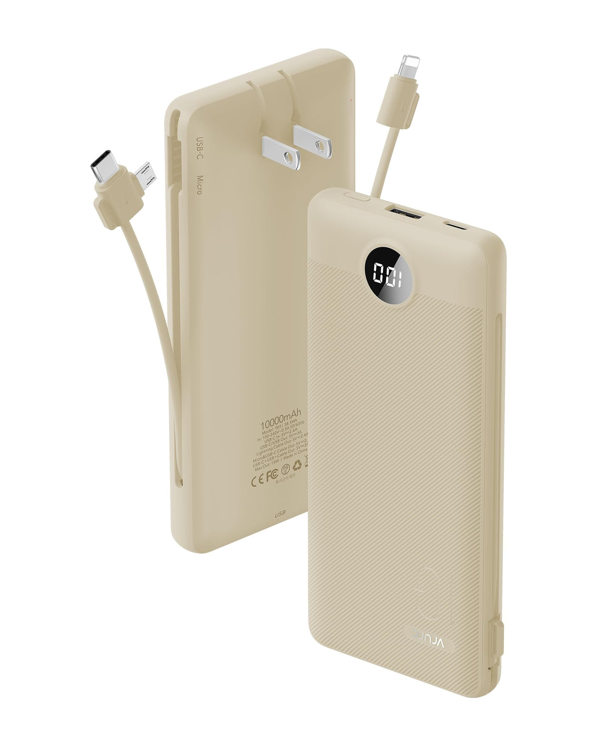 Portable Charger Built-in Cables and AC Wall Plug, USB C Power Bank 10000mAh, Travel Battery Portable Phone Charger Compact Lightweight External Battery Pack for Smart Phones, Tablets etc-Light Coffee