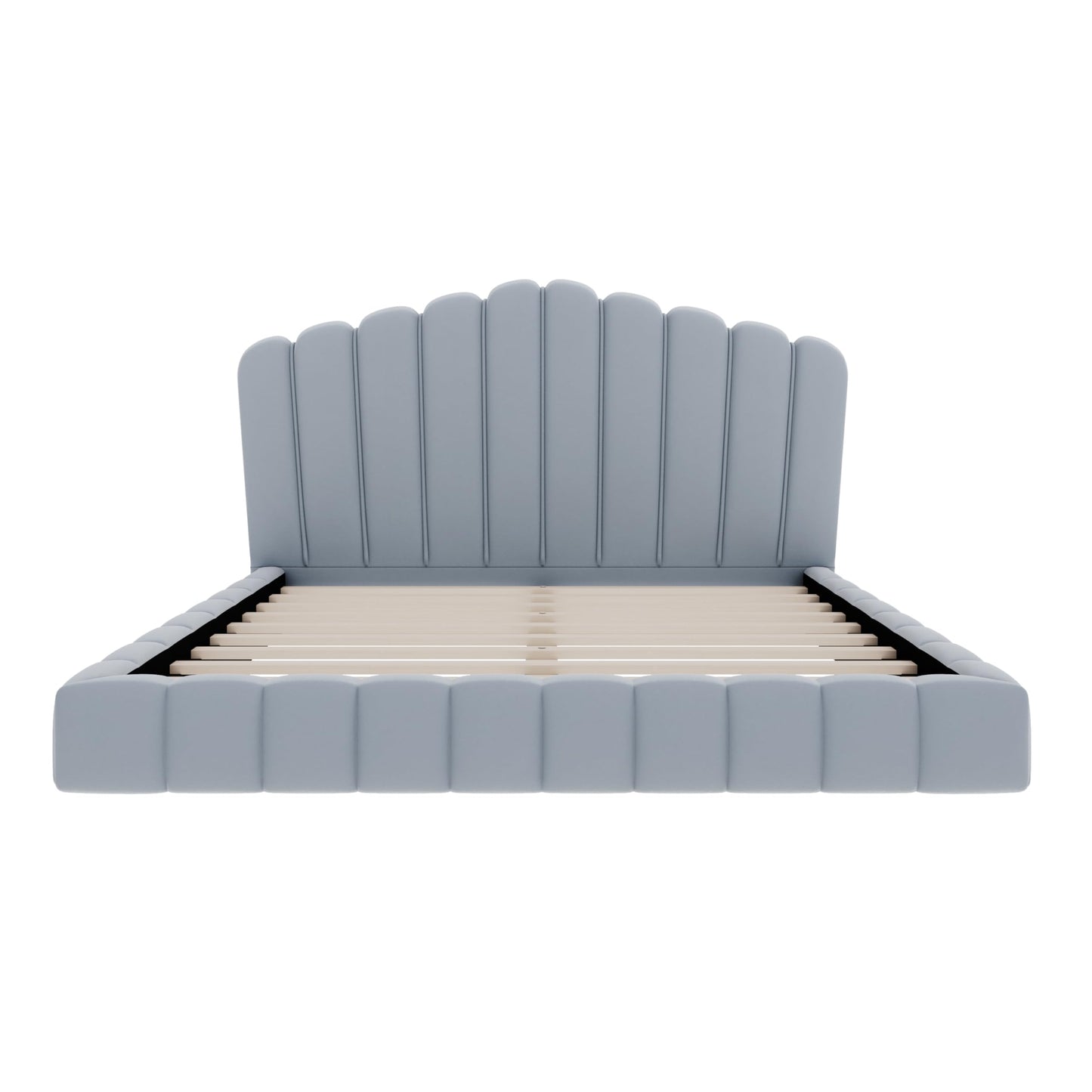 Merax Queen Size Floor Platform Bed Frame,Velvet Upholstered Bedframe with Shell-Shaped Headboard and Cushioning All Around Guards for Bedroom,No Box Spring Needed,Light Blue