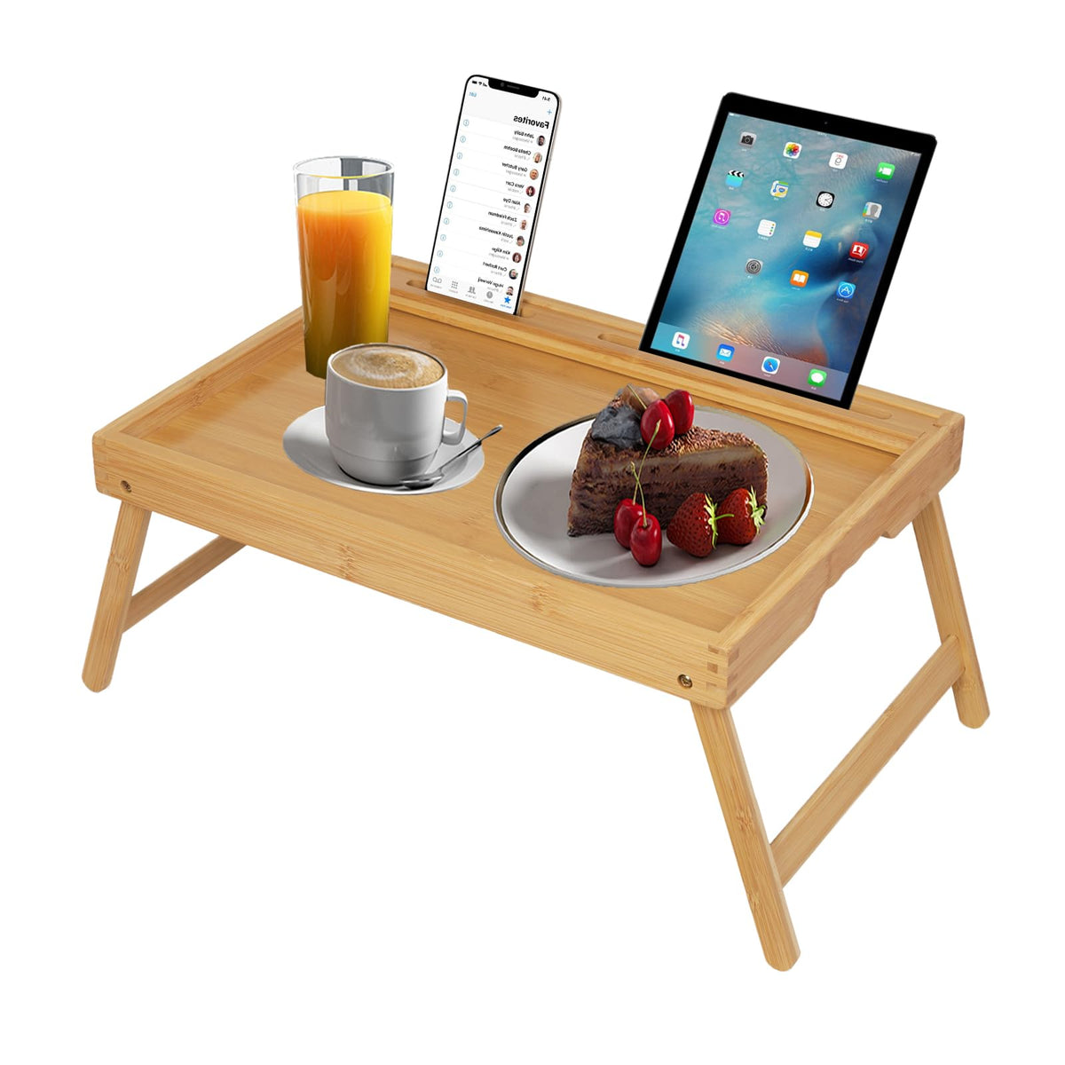 Bed Tray Table with Handles Folding Legs, Bamboo Breakfast Food Tray with Media Slot, Use As Platter, Laptop Desk, Snack, TV Tray Kitchen Serving Tray(Bamboo Medium)