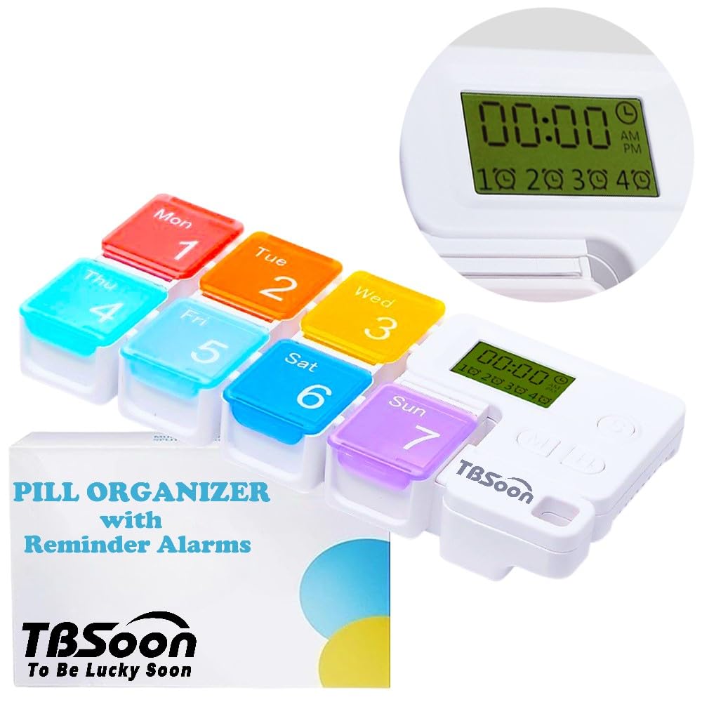 7 Day Medicine Pill Organizer, 4 Reminder Alarms, Loud Sound, 7 Large Compartments, Large Screen, Moisture-Proof, Dust-Proof, Travel Weekly/Daily Pill Box/Organizer/Case/Container/Dispenser, TBSoon