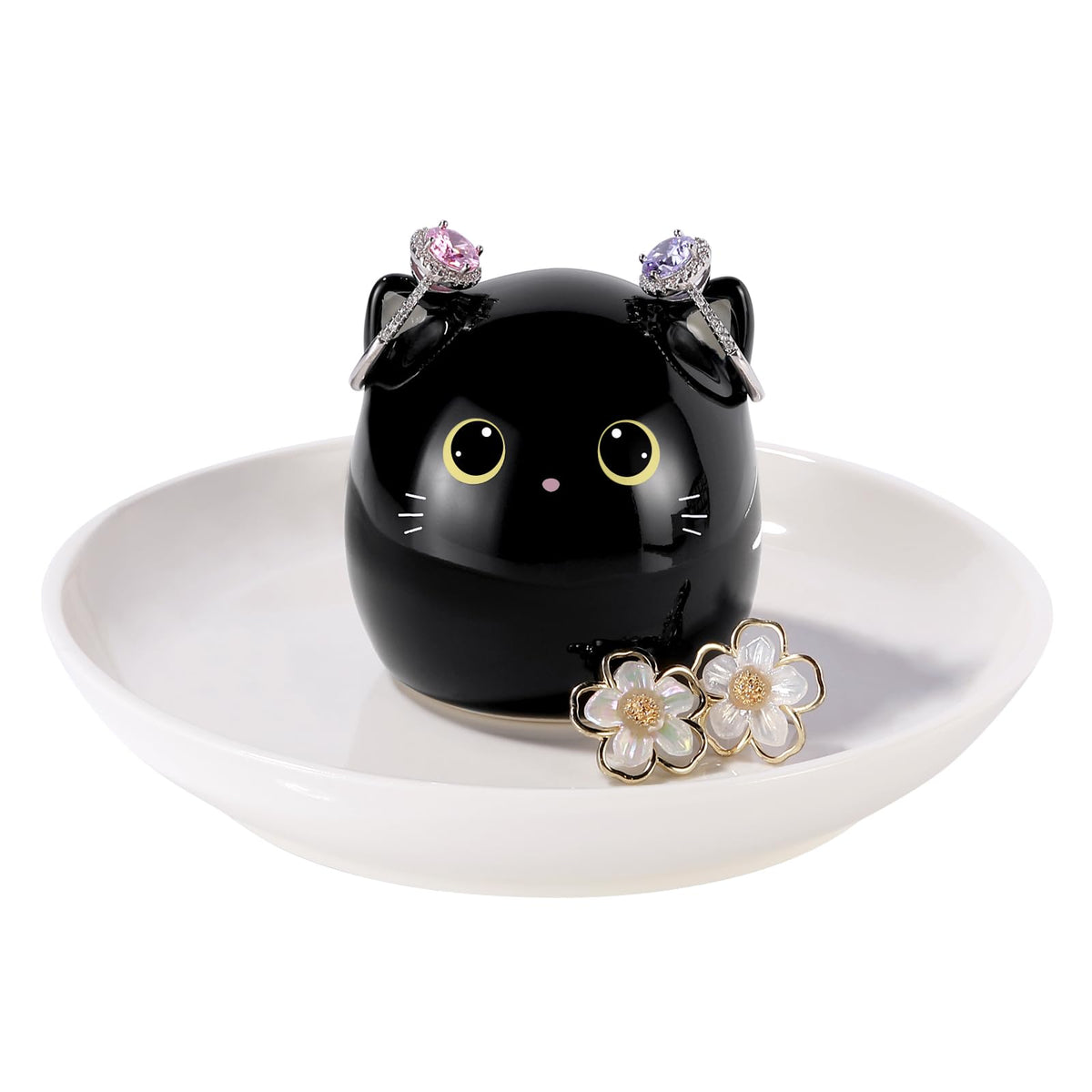 PUDDING CABIN Cat Lover Gifts for Women, Black Cat Ring Holder Dish for Jewelry Rings Earrings Necklace Watch Keys, Birthday Christmas Engagement Wedding Gifts