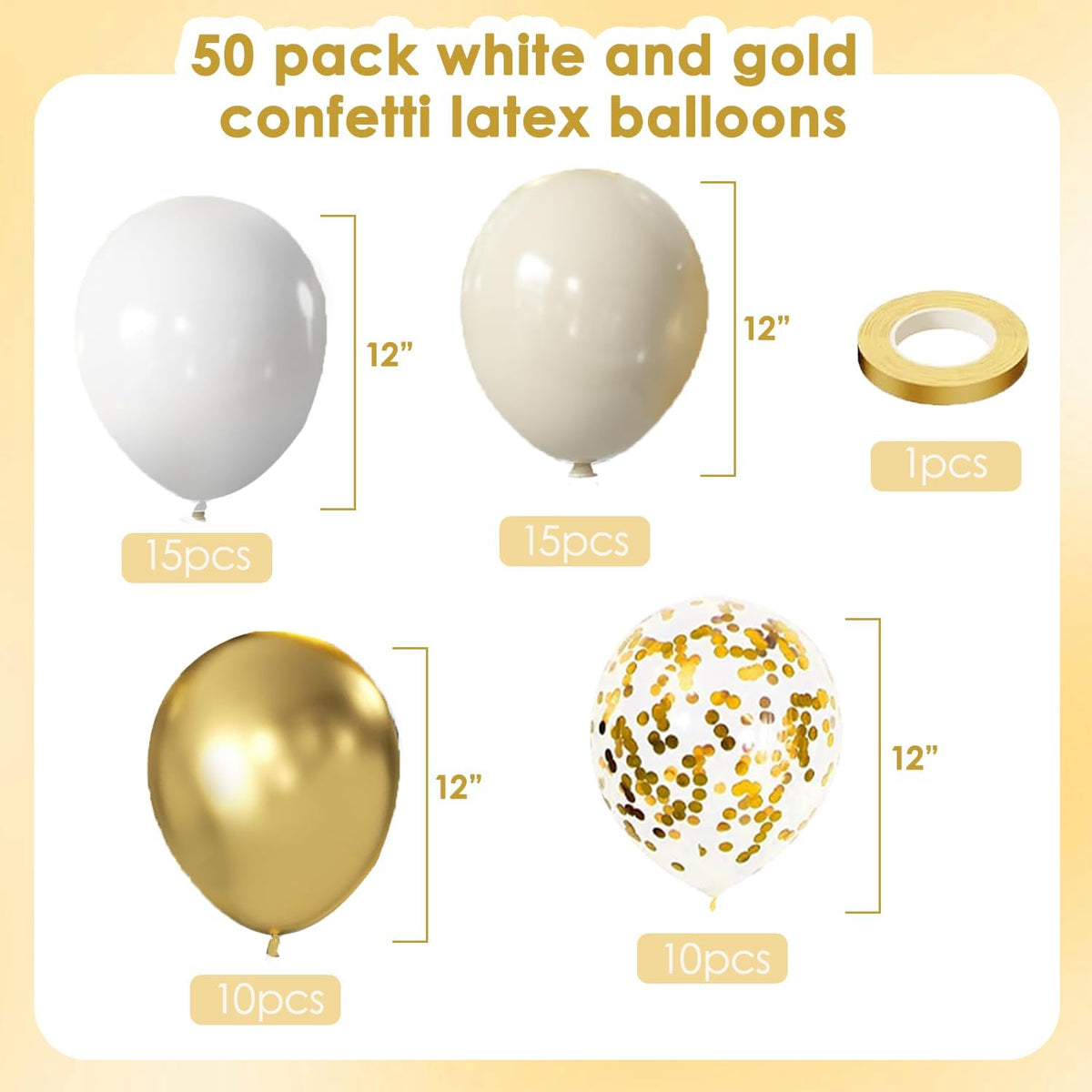 Skiennix White and Gold Confetti Balloons - 50pcs 12 Inch Metallic Latex for Celebrations