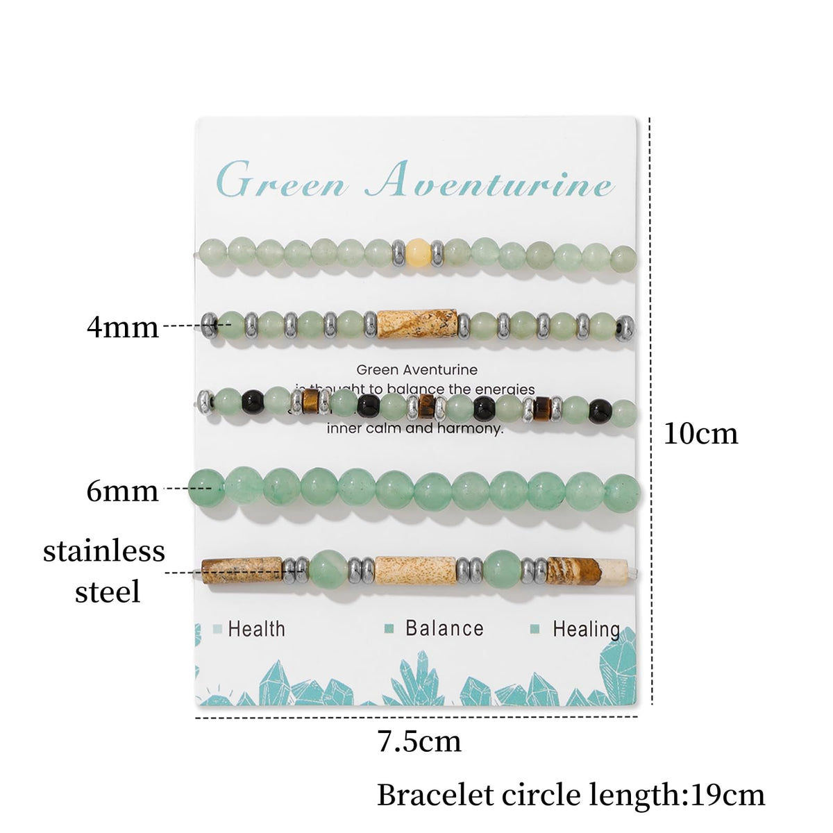 Lit Wall 5Pcs Green Jade Bracelet Set - Stackable Beaded Bracelets - Stretch Bracelets for Women - 4mm & 6mm Jade Beads - 19cm/7.48 in - Green Aventurine