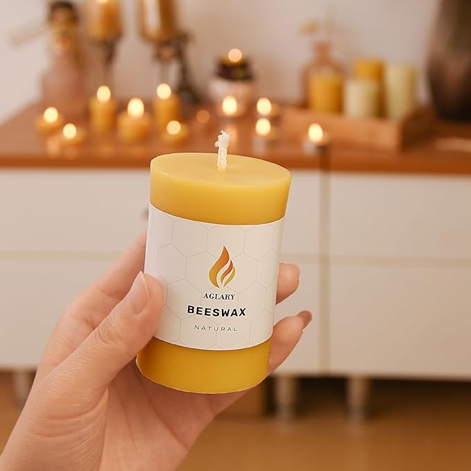 6PCS Beeswax Pillar Candles,Large Handmade Pure Beeswax Candle,Long Lasting Burn Time，Unscented Smokelessï¼? * 3",20H, Raw